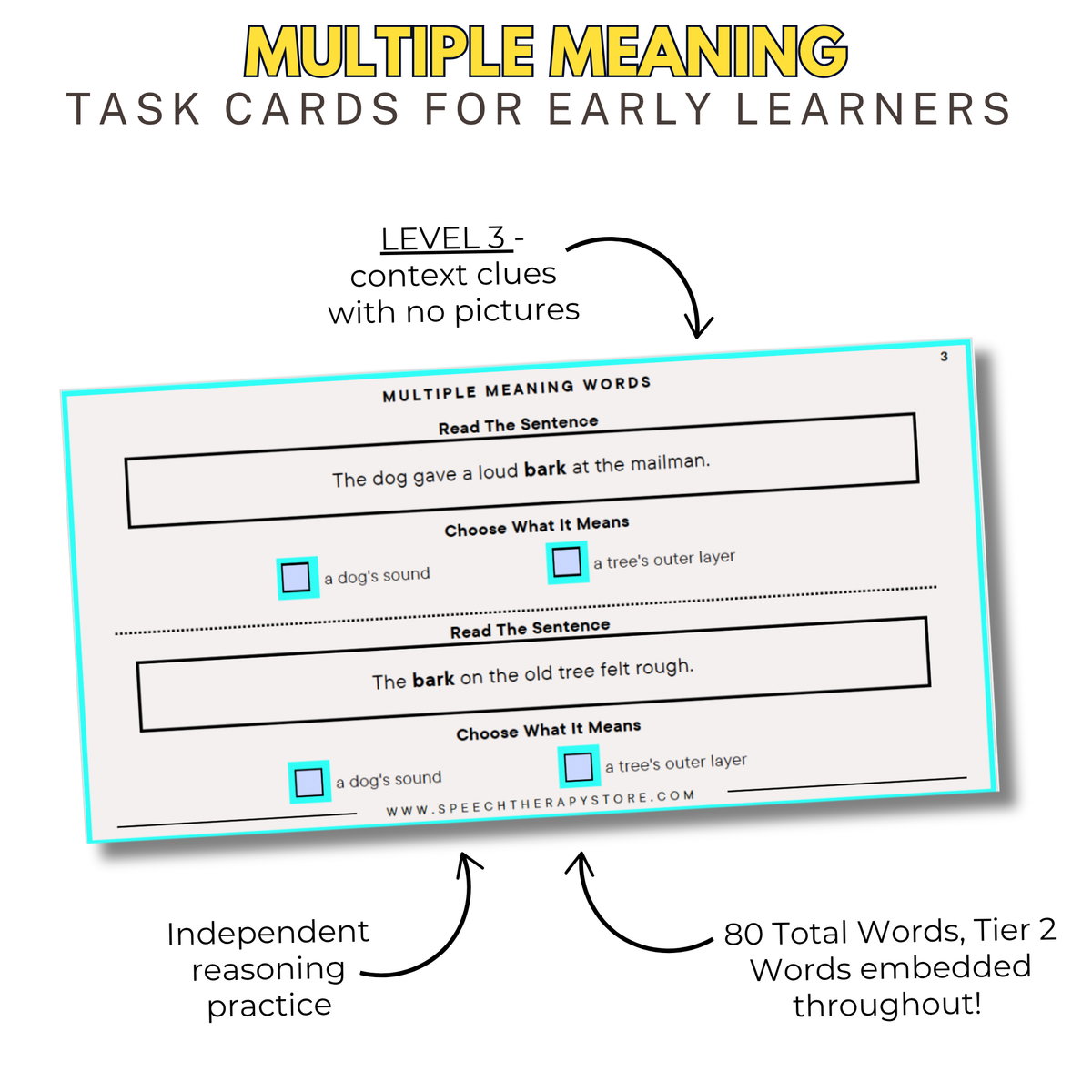 Level 3 multiple meaning word task cards using context clues with no pictures, example word bark, includes answer key