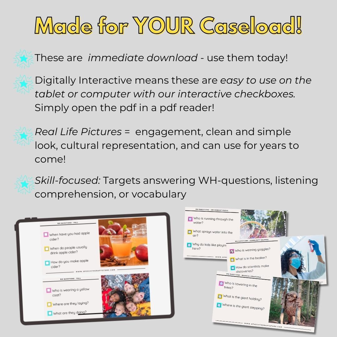 Made for your caseload – WH Questions Flashcards Mega Bundle. Features immediate digital download, interactive checkboxes, real-life photos for engagement, and skill-focused WH question practice. Examples show fall, water play, science, and forest creature themes.