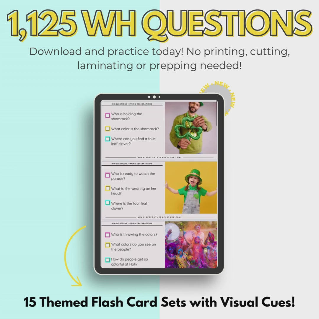 Instant download WH Questions Flashcards Mega Bundle. Laptop and tablet preview of digital flashcards with themes like ocean life and Halloween costumes. Designed for speech therapy and classroom use.