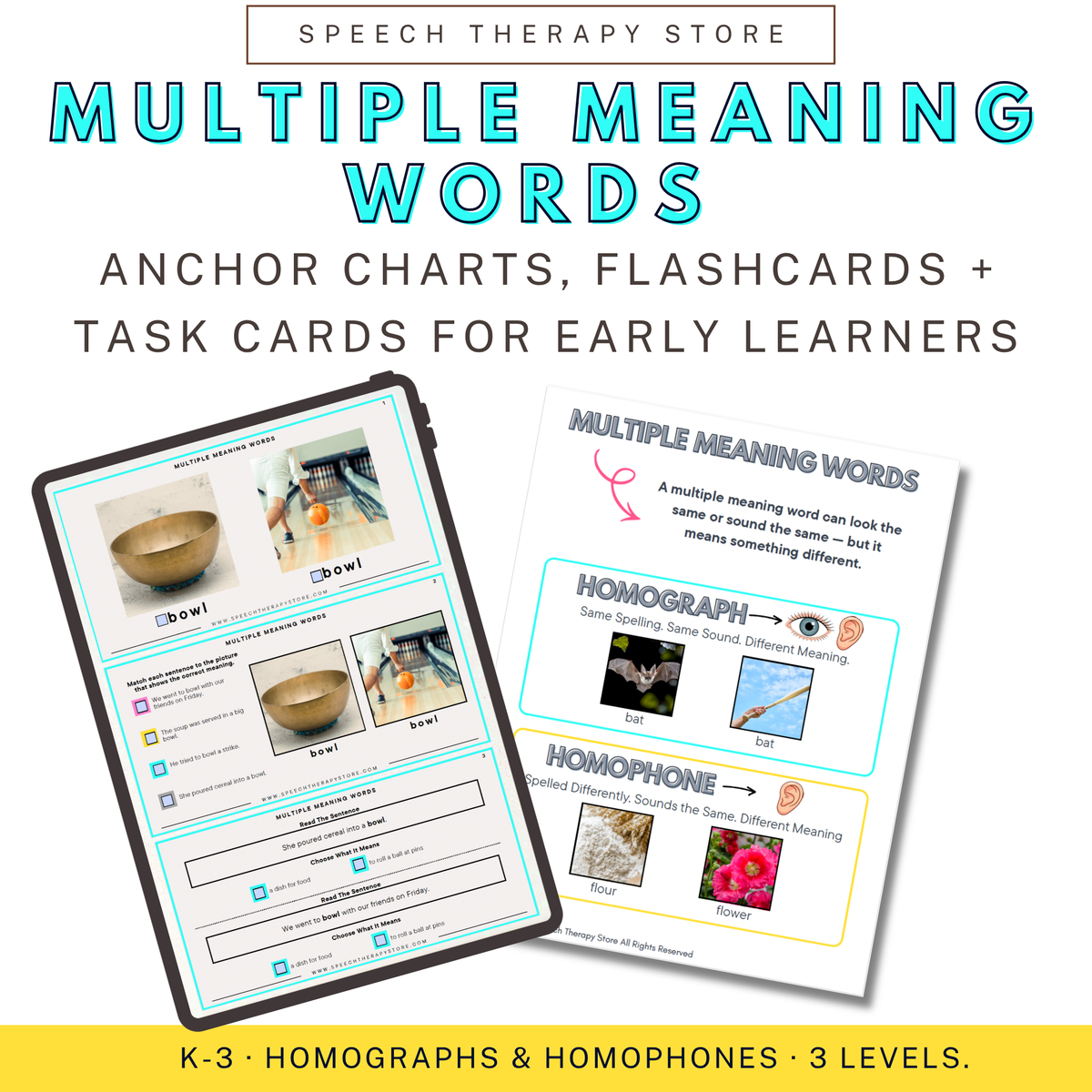 Multiple Meaning Words resource cover - anchor charts, flashcards, and task cards for early learners, K-3, homographs and homophones, 3 levels