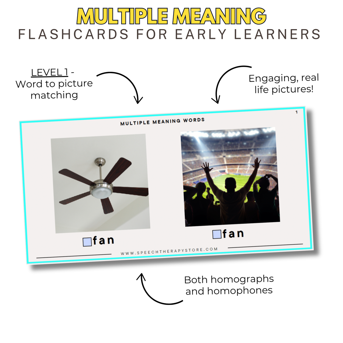 Level 1 word-to-picture matching flashcards for multiple meaning words, example word fan, with engaging real-life pictures