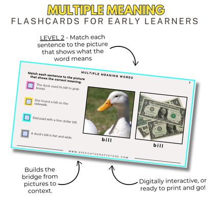 Level 2 sentence-sorting flashcards for multiple meaning words, matching sentences to pictures, example word bill