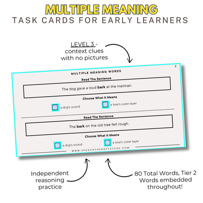 Level 3 multiple meaning word task cards using context clues with no pictures, example word bark, includes answer key