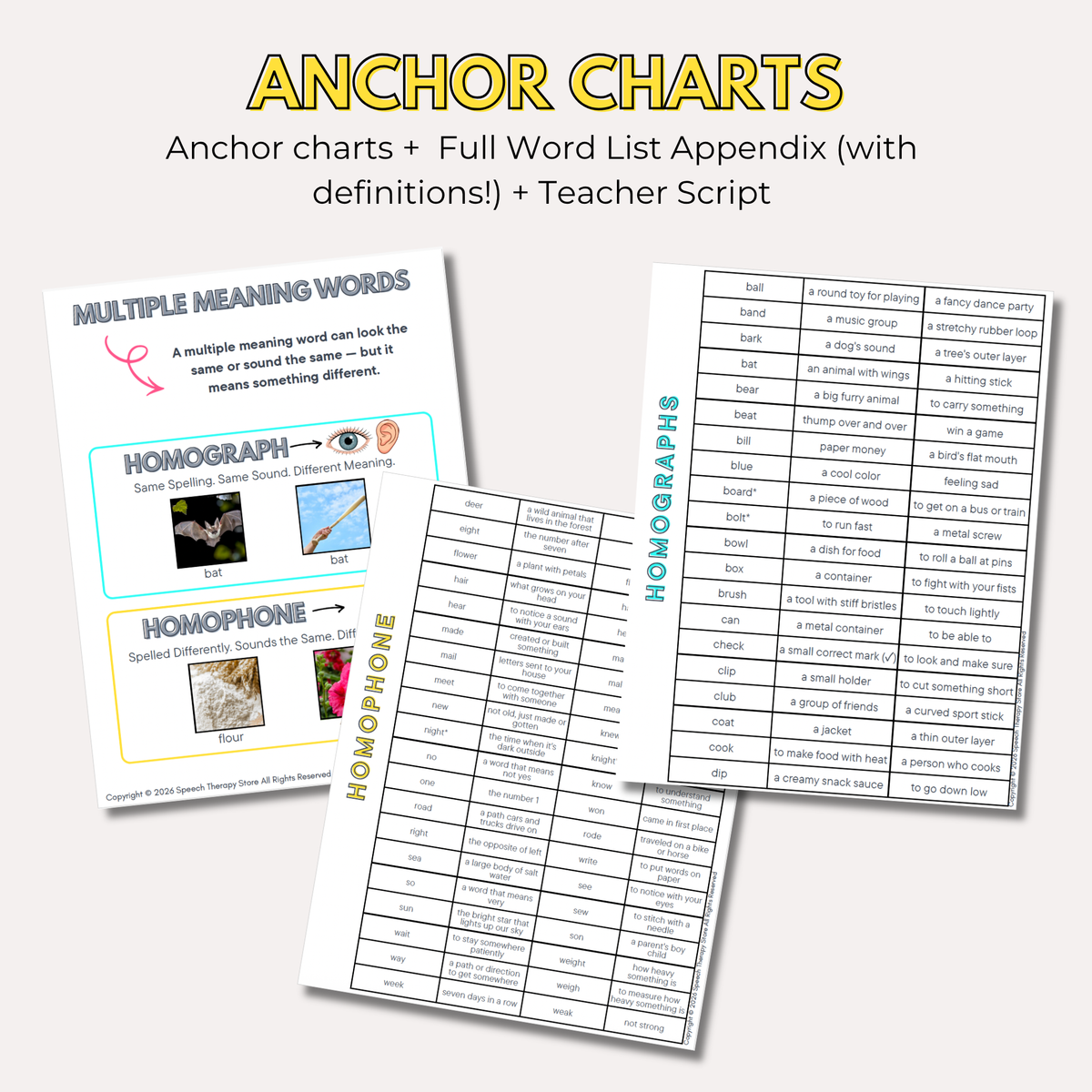 Multiple meaning words anchor charts explaining homographs and homophones, plus full word list appendix with definitions and teacher script