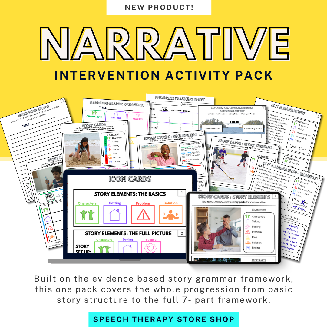 Narrative Intervention Activity Pack cover - new speech therapy resource for story grammar, sequencing, and narrative generation, built on evidence-based research