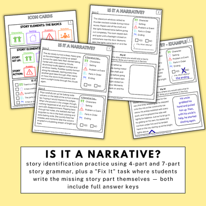 Is It a Narrative? story identification practice using 4-part and 7-part story grammar, plus a Fix It task where students write the missing story part, includes full answer keys