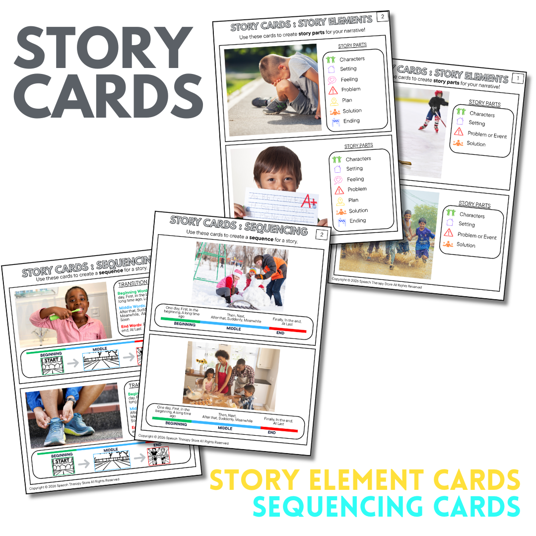 Story element cards and sequencing cards for narrative intervention speech therapy