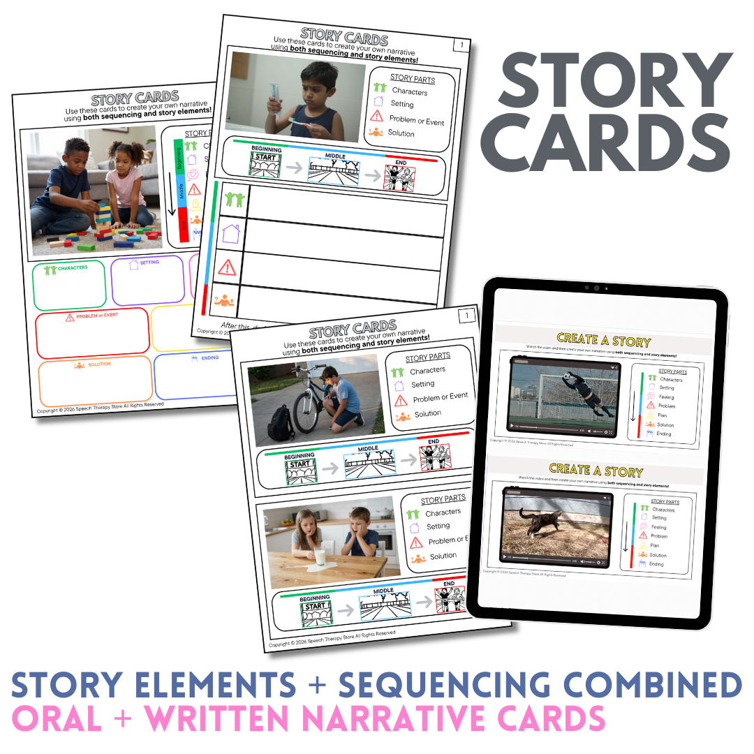 Story elements and sequencing combined oral and written narrative cards for speech therapy