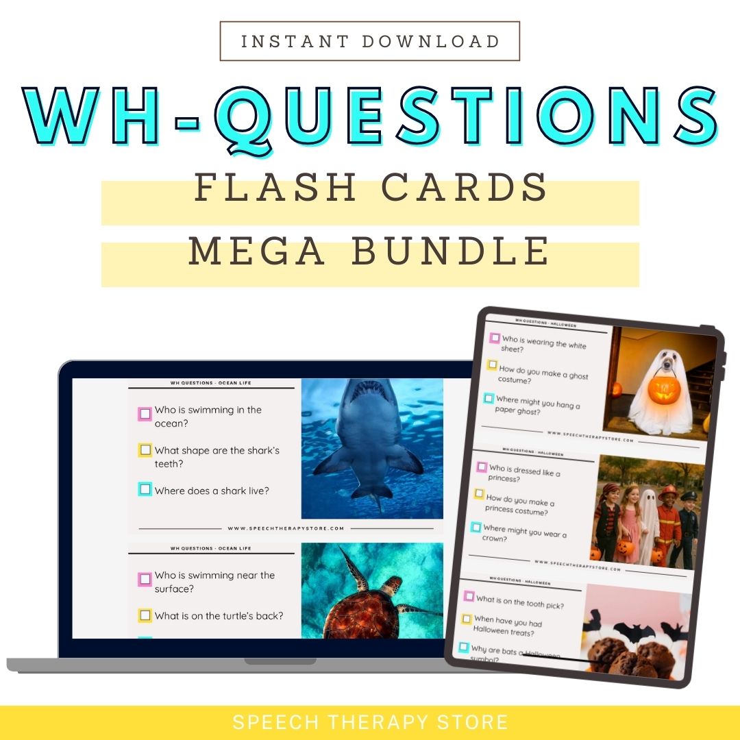 WH Questions Flashcards Mega Bundle – 1,125 WH questions across 15 themed sets. Digital download with no prep required. Example cards show spring celebration images with WH prompts.