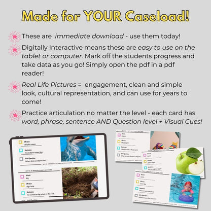 Speech therapy articulation flashcards with real-life pictures and interactive PDF features. Immediate download with word, phrase, sentence, and question level practice.