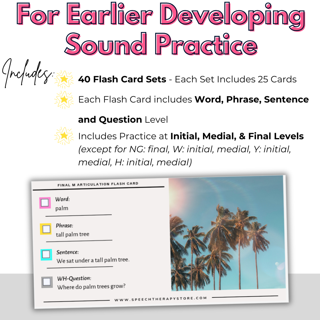 Flash card set for speech therapy with palm tree image and text about sound practice.