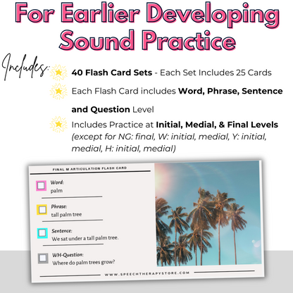 Flash card set for speech therapy with palm tree image and text about sound practice.