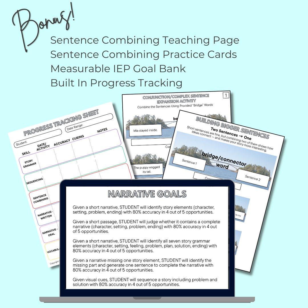 Sentence combining teaching page and practice cards, measurable IEP goal bank, built-in progress tracking sheet