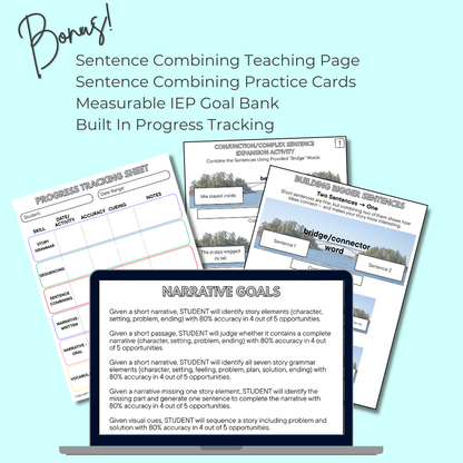 Sentence combining teaching page and practice cards, measurable IEP goal bank, built-in progress tracking sheet