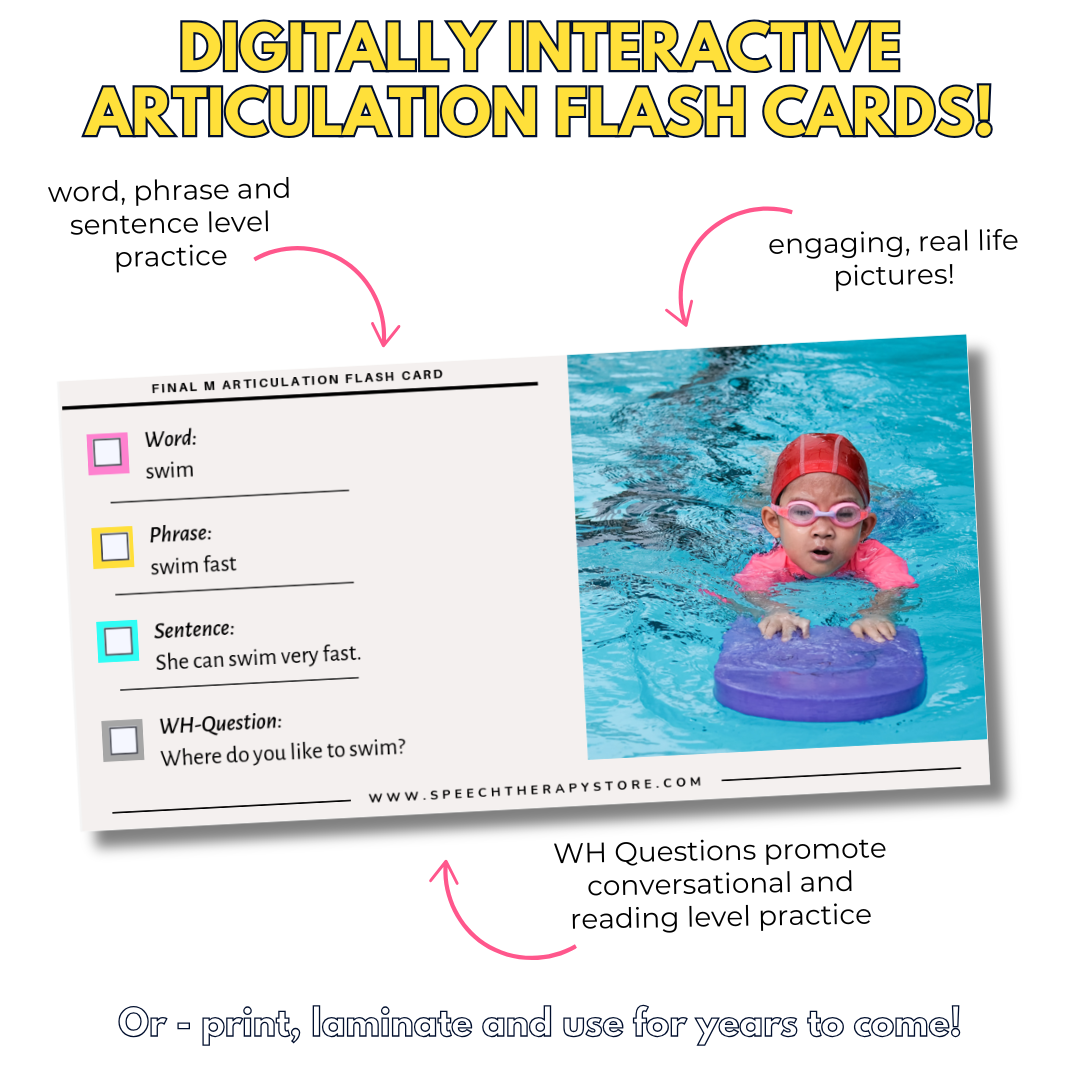 Digitally interactive articulation flashcards with real-life pictures. Easy to use for teletherapy or print for classroom and home speech practice.
