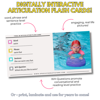 Digitally interactive articulation flashcards with real-life pictures. Easy to use for teletherapy or print for classroom and home speech practice.